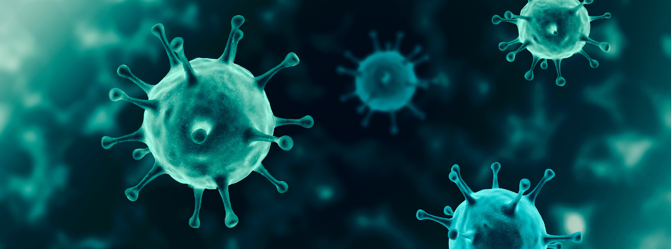 a microscopic view of a turquoise virus set on a dark blue background