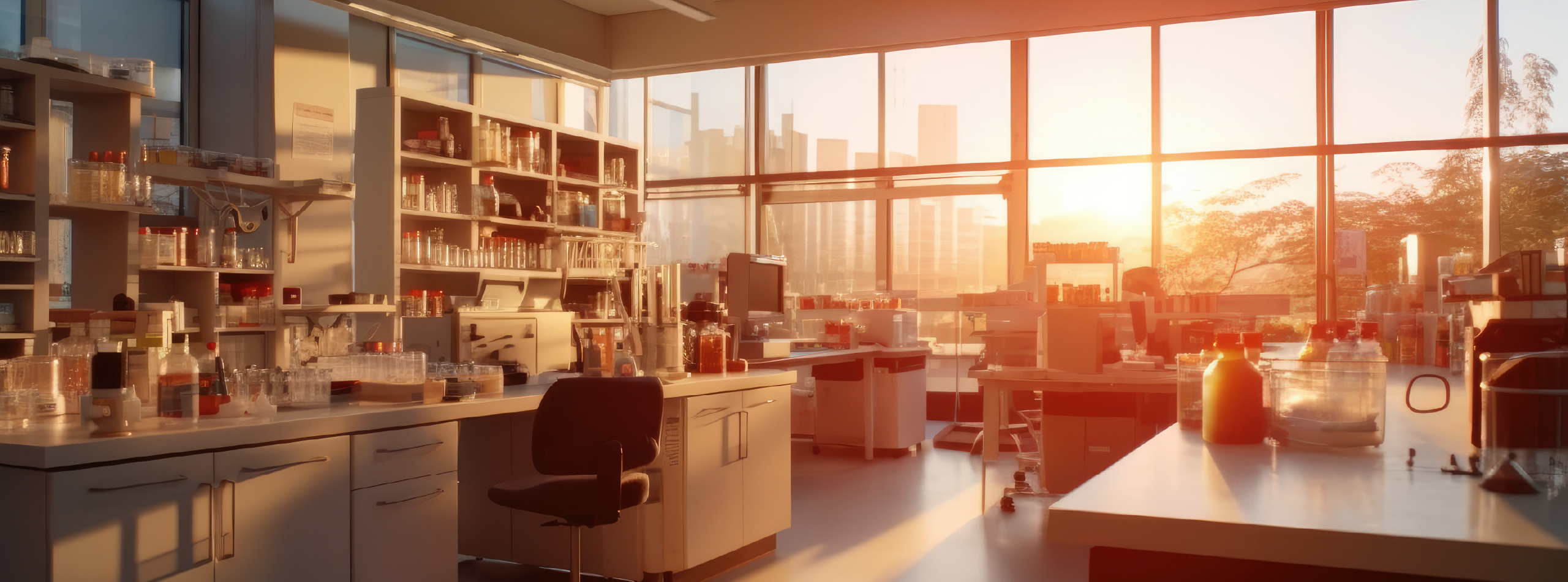 A laboratory filled with various equipment, featuring a large window that showcases a bright view of the sun.