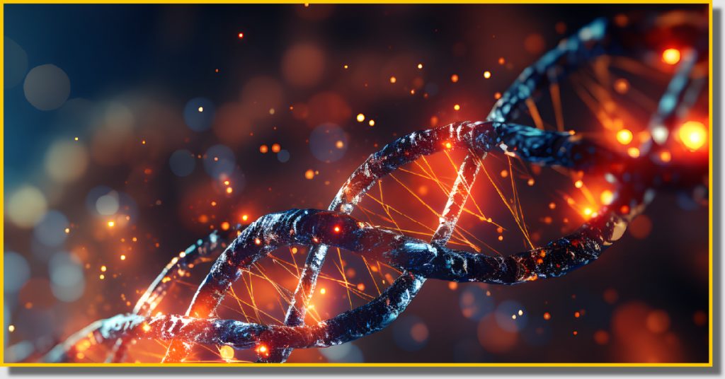 DNA strand illuminated against a dark background, showcasing its double helix structure and intricate details