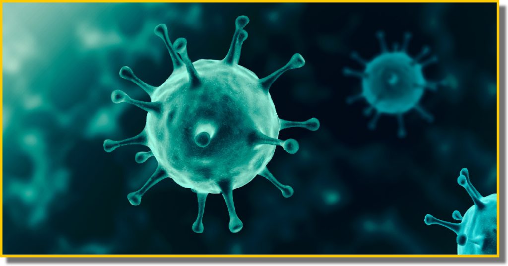 a microscopic view of a turquoise virus set on a dark blue background