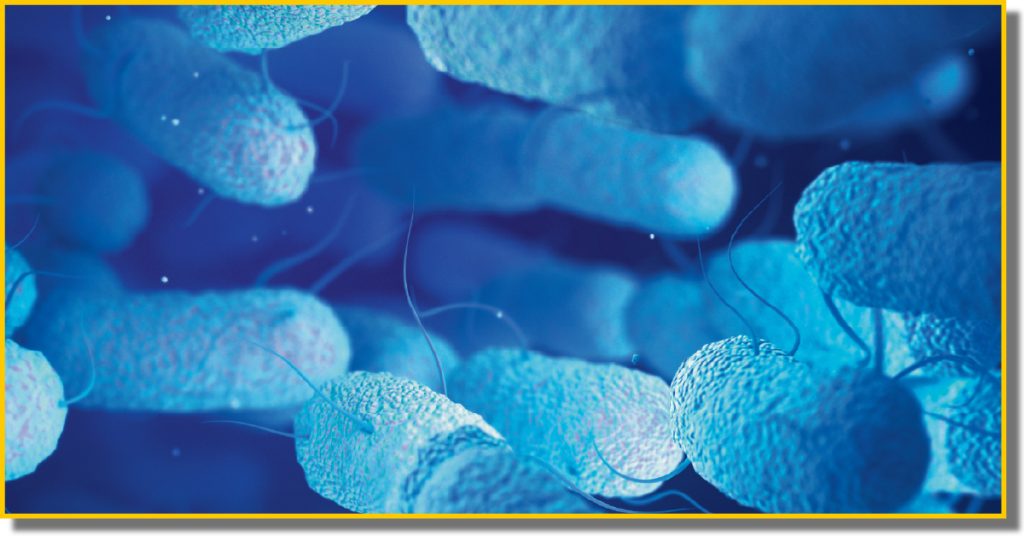 a series of light blue bacteria set on a dark blue background